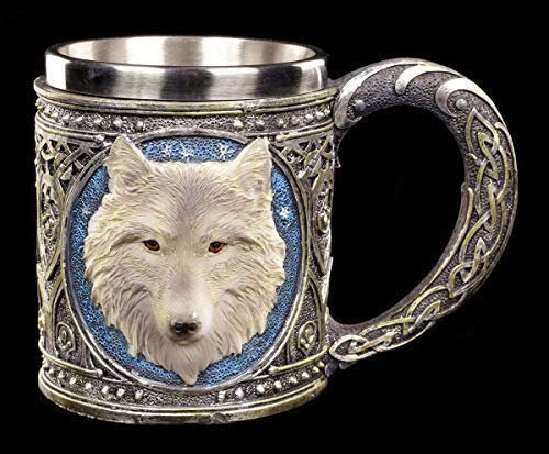 Figuren Shop GmbH Fantasy Krug - Einsamer Wolf | Bier-Humpen mit Edelstahl-Einsatz, handbemalt