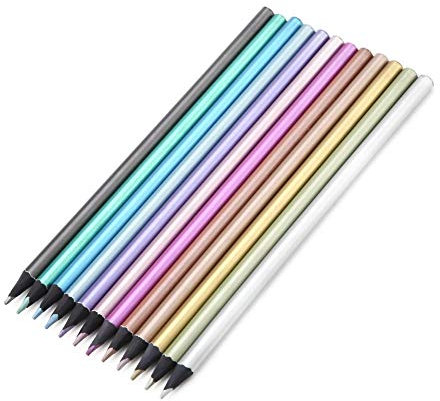 Buntstifte, 12 Farben Premium Metallic Buntstifte ungiftig Schwarz Holz Buntstifte Set Rundgriffhalter Student Schreibwaren