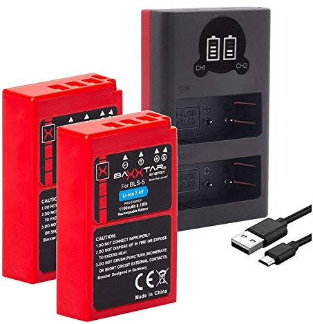Baxxtar Pro 2 x Akku BLS-5 BLS-50 (echte 1100 mAh) kompatibel mit Olympus Om-System – mit 18802 Mini Dual Ladegerät – Stromversorgung über USB-C oder Micro-USB