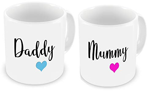 VIROSA Mummy & Daddy Mug Set – Set of 2 Matching Coffee Mugs – Gift for New Parents, Baby Shower, Christmas, Birthday or New Year – 11oz Ceramic Cups for Couples