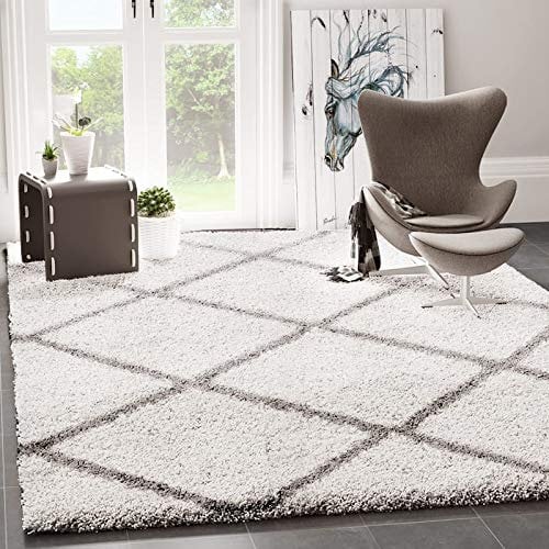 VIMODA Hochflor Teppich Wohnzimmer Schlafzimmer Küche Shaggy Skandinavisch Rautenmuster, Maße:Ø 120 cm Rund