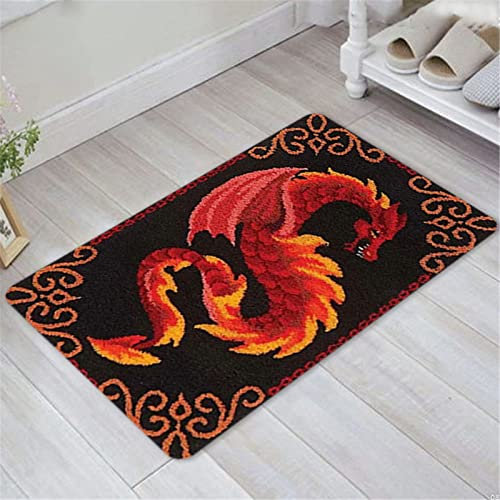 VIONNPPT Drache Serie Knüpfteppich Set Teppiche Knüpfen Kreuzstich Set für Kinder und Erwachsene, DIY Handgefertigt Knüpfset Latch Hook Rug Making Kit (Rot,50cmx38cm)