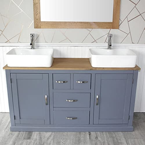 Wooden Bathroom Vanity Unit with 2 Ceramic Basins - Modern Bathroom Sink Cabinet with Drawers - Double Vanity Unit with Chromed Mixer Taps - Grey Painted - Tap Mounted Rectangle Bowl (603GCB021A2)