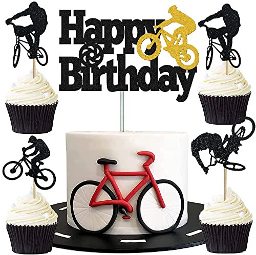MEZHEN Glitter Tortendeko Fahrrad Kuchen Deko Geburtstag Bicycle Kuchen Toppers Bike Muffin Deko Torte Happy Birthday Kindergeburtstag Deko 25 Stücke