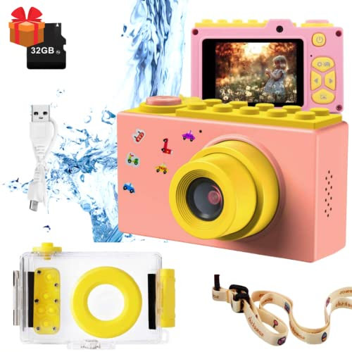 Fotocamera per bambini subacquea. Fotocamera digitale istantanea per bambini. Foto e video. Giocattolo idea regalo. Bambini Camera compleanno bambini 3 4 5 6 7 8 9 anni. Scheda SD 32GB.1080P HD (Rosa)