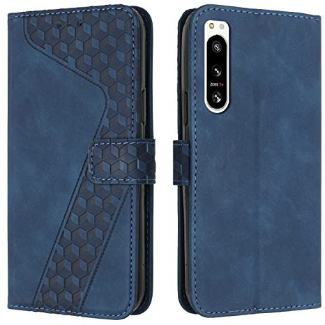OKZone Kompatibel mit Sony Xperia 5 IV Hülle, PU Leder Handyhülle Tasche Wallet Schutzhülle Sony Xperia 5 IV, Flip Cover Klappbar Brieftasche Etui mit Magnet Kartenfach TPU Lederhülle (Blau)