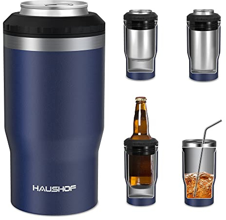 HAUSHOF 4-in-1 Insulated Can Cooler Fits 12oz Cans & Beer Bottle, Navy Blue