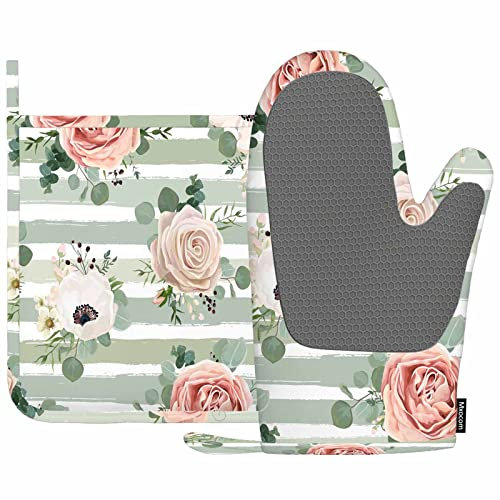 Mxocom Anemone Rose Blume Hitzebeständig Ofenhandschuhe und Topflappen Silber Eukalyptus Blätter Beeren Stripped Küche Rutschfest Kochen Mikrowelle Handschuhe zum Kochen Backen Grillen