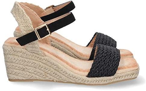 shoes&blues.es 71917-Sandalia de Cuna para Mujer, Comoda, Forrada de Yute, Pala Trenzada, y Cierre de Hebilla, Primavera Verano 2023. Talla 37 Negro