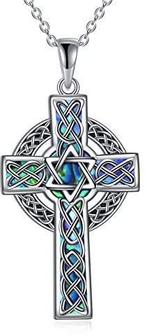 YFN Keltisches Kreuz Halskette Sterling Silber Keltischer Davidstern Anhänger Abalone Muschel Kreuz Schmuck Geschenke für Damen Herren