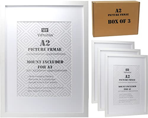 Weißer A2 (42x59.4 cm) Posterrahmen mit A3-Passepartout, 3 Stück, schwarzer A3-Bilderrahmen mit transparenter Acrylfront, A2-Posterrahmen, schwarzer A3-Bilderrahmen zum Aufhängen an der Wand