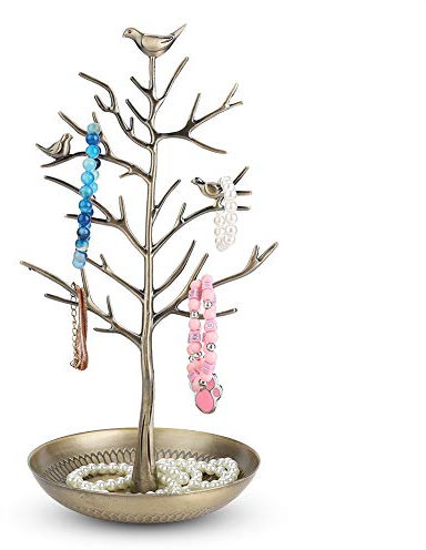 Hapivida Jewellery Display Stand, Stylish Tree Shape Metal Hanger with Tray for Necklaces Bracelets Earrings Pendant Rings Watches, Bronze Organiser Holder for Bedroom or Dressing Room