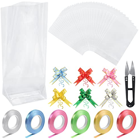XYGK 120 Stücke Cellophantüten, Transparent Zellophantüten, 25cm x 15cm | OPP Geschenktüten mit 120 Schleifen, 6 Bandrollen & Scheren für Bonbons, Kekse, Geburtstag, Verpackungsspielzeug, Weihnachten