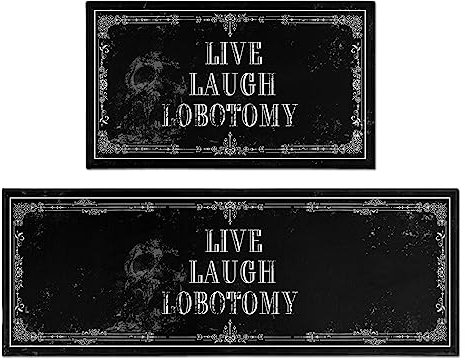 Fuoxowk Goth Küchenmatten-Set von 2 – rutschfeste Halloween Gruselige Küche Teppiche Schwarz Goth Teppich Schädel Hexe Teppich für Zuhause Küche – Live Laugh Lobotomy Schild – Halloween Gothic Küche