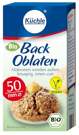 Küchle Bio Backoblaten 50mm | Vegan | Rund mit 50 mm Durchmesser | Zum Backen von Makronen | Innen zart, außen knusprig | 1 x 37g Packung