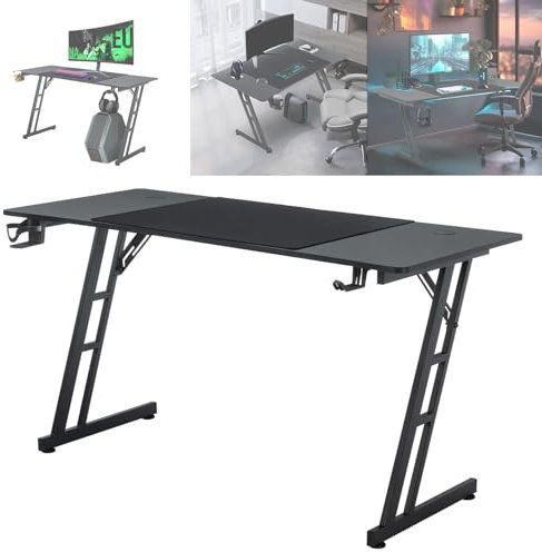 ACXIN Mesa para videojuegos, 140 x 60 cm, mesa de ordenador con gancho para auriculares y soporte para bebidas, construcción en forma de Z, diseño ergonómico, escritorio de gaming, fibra de carbono,