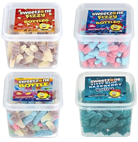 Sweetzone Assorted Mini Gummy Bottles Pack of Fizzy Cola, Fizzy Blue, Bottle Mix and Fizzy Blue Raspberry - 170g Tub Pack of 4 - Enjoy the Irresistible Gummy Sweets and Halal Sweets for All Ages