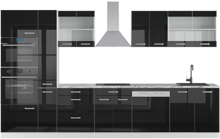 Vicco Küchenzeile R-Line, Schwarz Hochglanz/Weiß, 350 cm | 9 Module · Höhenverstellbare Füße · AP Marmor inkl. · Robuste Fronten · Mit Backofen-/Mikrowellenschrank