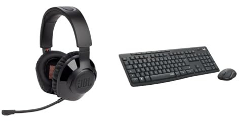 JBL Quantum 350 Over-Ear Gaming Headset – Wireless 2.4 GHz und USB-C-Anschluss & Logitech MK295 kabelloses Tastatur-Maus-Set mit SilentTouch-Technologie