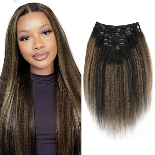 Sassina Kinky Straight Haarverlängerung, Echthaar, zum Anstecken, doppelte Tresse für schwarze Frauen, natürliche Farbe, mit Erdbeerblond, menschliches Haar, für den ganzen Kopf, 50,8 cm, 120 g, 7