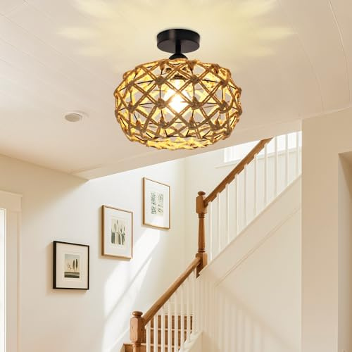 YLTLINK Moderne Deckenleuchte aus Jute, Handgeflochtene Landhaus Deckenlampe mit E27 Fassung, Rustikale Deckenbeleuchtung für Wohnzimmer Schlafzimmer Flur