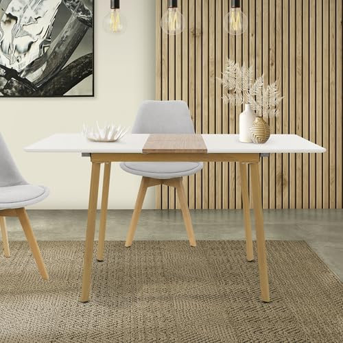 ML-Design Esstisch ausziehbar in Weiß aus Holz, 110/140x75x76,5 cm, Rechteckiger Esszimmertisch für 4-6 Personen, Skandinavisch Küchentisch, Wohnzimmertisch mit Stahlbeinen, Schreibtisch, Arbeitstisch