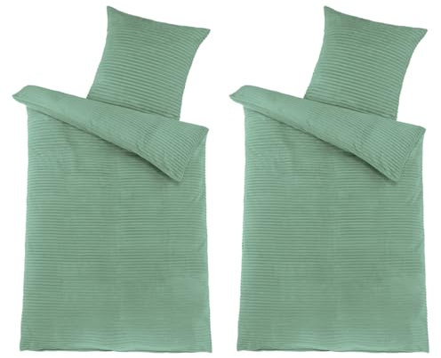 Visaggio 4-teilige Winter Bettwäsche 135x200 cm Bettbezug Teddy Plüsch Cord Rib Streifen Cashmere Touch Nicky Coral Fleece Salbei Mint Grün