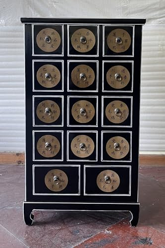 Antiker Apothekerschrank Apothekerkommode Büroschrank Aktenschrank Sideboard Kommode Anrichte mit 14 Schubladen Breite66xHöhe114cm Farbe: schwarz mit Silber