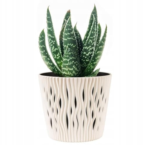 B2C Indoor Plant Pots with Insert Plastic Flowerpot Small Large Planter Home Decor Wavy Grooves Texture Removable insert (Cream, 26m)