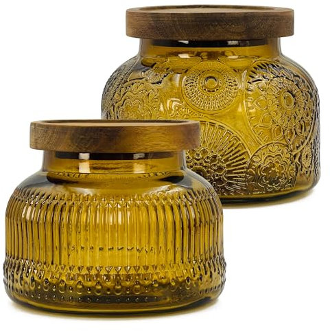 Lot de 2 bocaux décoratifs en verre ambré avec couvercle hermétique en bois - 750 ml - Large ouverture - Style vintage - Pour biscuits, bonbons, miel, farine, épices, café, thé, décoration d'intérieur