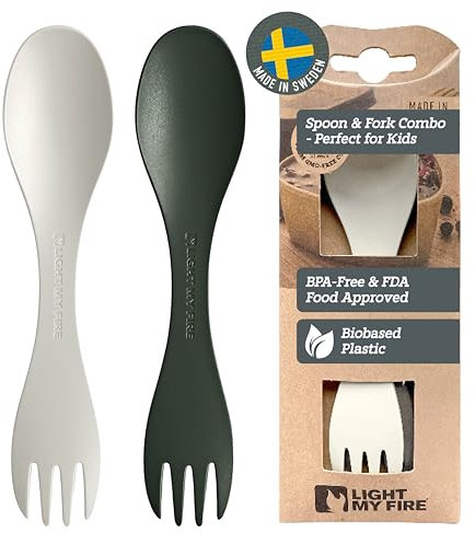 Light My Fire Spork Little 2-in-1 Durable Kids Cutlery Set 3 Year Old 2-Pack Reusable Travel Toddler Cutlery Set, BPA-Free Easy-to-Use Picnic Sporks Plastic Camping Accessories On-The-Go, Green/Cream
