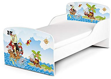 Leomark Kinderbett 160x80 Weiß – Funktionsbett Komplett mit Matratze und Lattenrost – Holz Jugendbett Einzelbett Hausbett für Kinder Kleinkinder UV-Druck (Piraten)