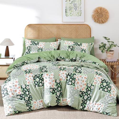 DJY Green Floral Duvet Cover Set Double Size - 3-Piece Green Bedding Set - Wrinkle-Resistant & Breathable Design with Hidden Zipper (Double, 200x200cm)