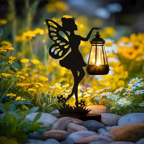 GIGALUMI Eiserne Solar Feenstatue, Gartendeko für Draußen Wetterfest | Geschenke für Mama, Frauen, IP65 Wasserdicht Gartenstatue, Solarlampen für außen für Terrasse, Hof, Garten (1 Stück)
