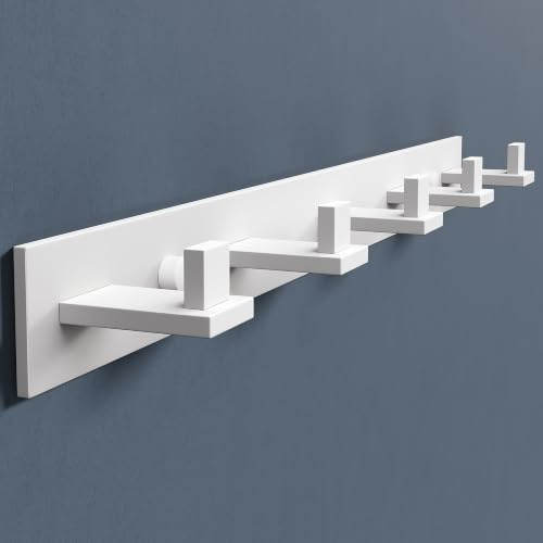 doporro Garderobenleiste aus Edelstahl, 5 Kleiderhaken Matt Weiß 46 cm | Hakenleiste Garderobe zum Kleben oder Bohren, Garderobenhaken und Wandgarderobe für Bad Küche Flur Schlafzimmer, Stalo-07