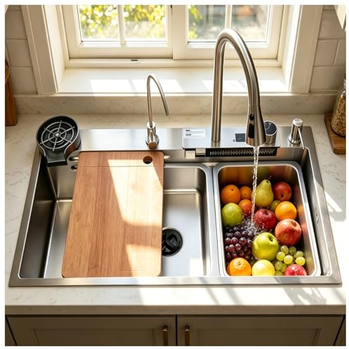 Fregadero en Cascada 1 Seno Grande 80x50cm Plata, Fregadero Moderno Cocina Multifuncional, Fregadero de Acero Inoxidable Cepillado, Juego de Fregadero de Cocina, Incluye Todos Los Accesorios