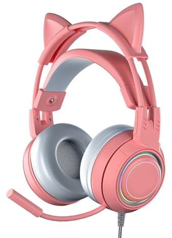 ACOGEDO Cat Ear Headphones for Girls with Noise Reduction Mic and Comfortable Earcups Wired Over Ear Gaming Headset for PC (Pink)