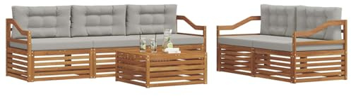vidaXL Outdoor-Sofagarnitur mit Kissen 6 pcs Natürlich und Hellgrau, Garten, modernes Outdoor-Sofa, gemütliche Terrassen-Sitzgruppe aus robustem Material