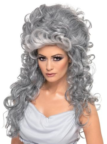 Smiffys Medeia Witch Beehive Wig, Grey Long & Curly with Beehive Top, Halloween Fancy Dress Accessory, Witch Dress Up Wigs