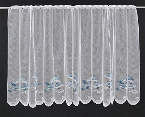 frankgardinen Scheibengardine Delfin 90 cm hoch weiß grau-blau - Wunschbreite frei wählbar durch gekaufte Menge in 22 cm Schritten - Meterware