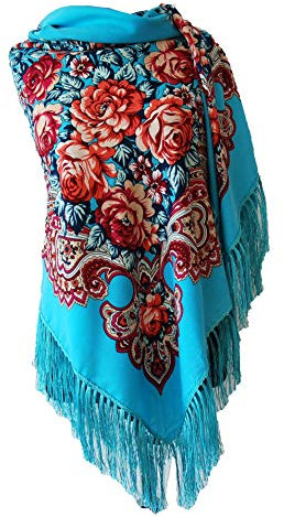 All 4 Decor Russisches Stil Schöner Groß Schal Tuch mit Rosen Blumenmuster und Fransen 140cmx140cm, Hell Blau