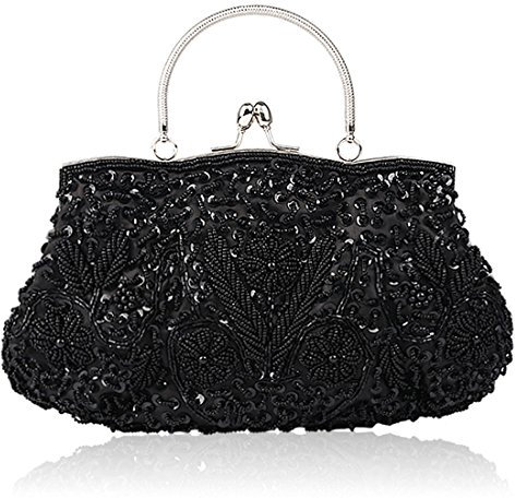 Simcat Perlen Pailletten Blume Abend Geldbörse Große Clutch Tasche, Schwarz, Einheitsgröße
