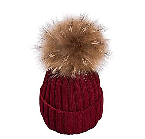 feifanshop Warm Mütze Pelz Bommel Echtpelz Waschbär Ski-Mütze Fellbommel Pelzbommel Raccoon (Weinrot)