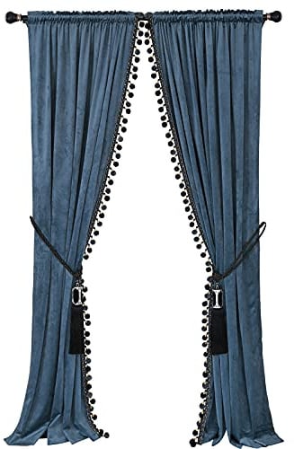 Helen curtain Luxuriöser Pompon-Vorhang für Wohnzimmer, Verdunkelungsvorhänge, Samt, 2 Paneele, luxuriöse Quaste, Schlafzimmervorhänge, grau-blau, 50 x 84 cm x 2 cm