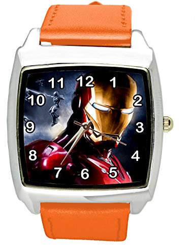Taport® Iron Man Quarz-Armbanduhr, quadratisch, SCI FI, echtes Lederband, inklusive Ersatzakku und Geschenkbeutel, Orange