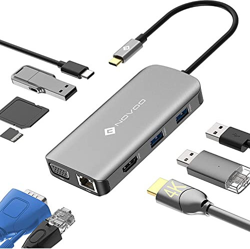 NOVOO 9 in1 USB Hub Multiport Adapter, USB Hub 3.0 with Ethernet, USB C to 4K HDMI & VGA, 3 USB 3.0 Ports, SD/TF Card Reader, 100W PD Power Port, Slim Data Hub for MacBook Pro, Air, XPS, Chromebook