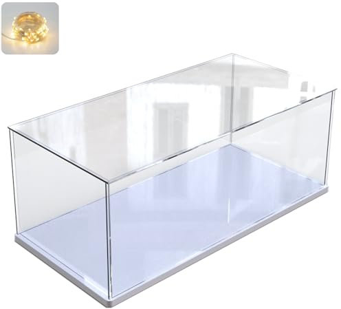 Addensato Vetrina Espositiva Teca Plexiglass Acrilico per Lego 60444 60445 42154 76966 Collezionismo, Vetrina Trasparente Scatola con Base in Legno-plastica &Luce di Stringa, Interno Bianco 50x20x20cm