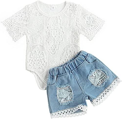 Juflam Neonato Baby Girl Vestiti Ricamato Pizzo Romper Ripped Jeans Denim Pants Toddler Infant Outfit Set (18-24 mesi, maniche corte)