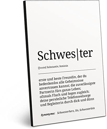ARTFAVES® Worterklärung Schwester | Definition Bild schwarz-Weiss als Geschenk | Holzschild mit Spruch zum Thema Geschwister/Familie/Schwester
