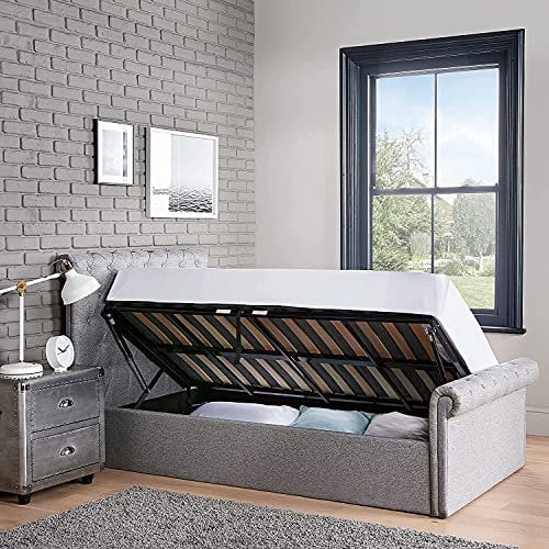 Home Treats Side Lift Ottoman Bed With Pocket Sprung Mattress | Single Bed Frame 3FT I Under Bed Storage Sleigh I Deluxe Padded Upholstery Grey (Single + Mattress)